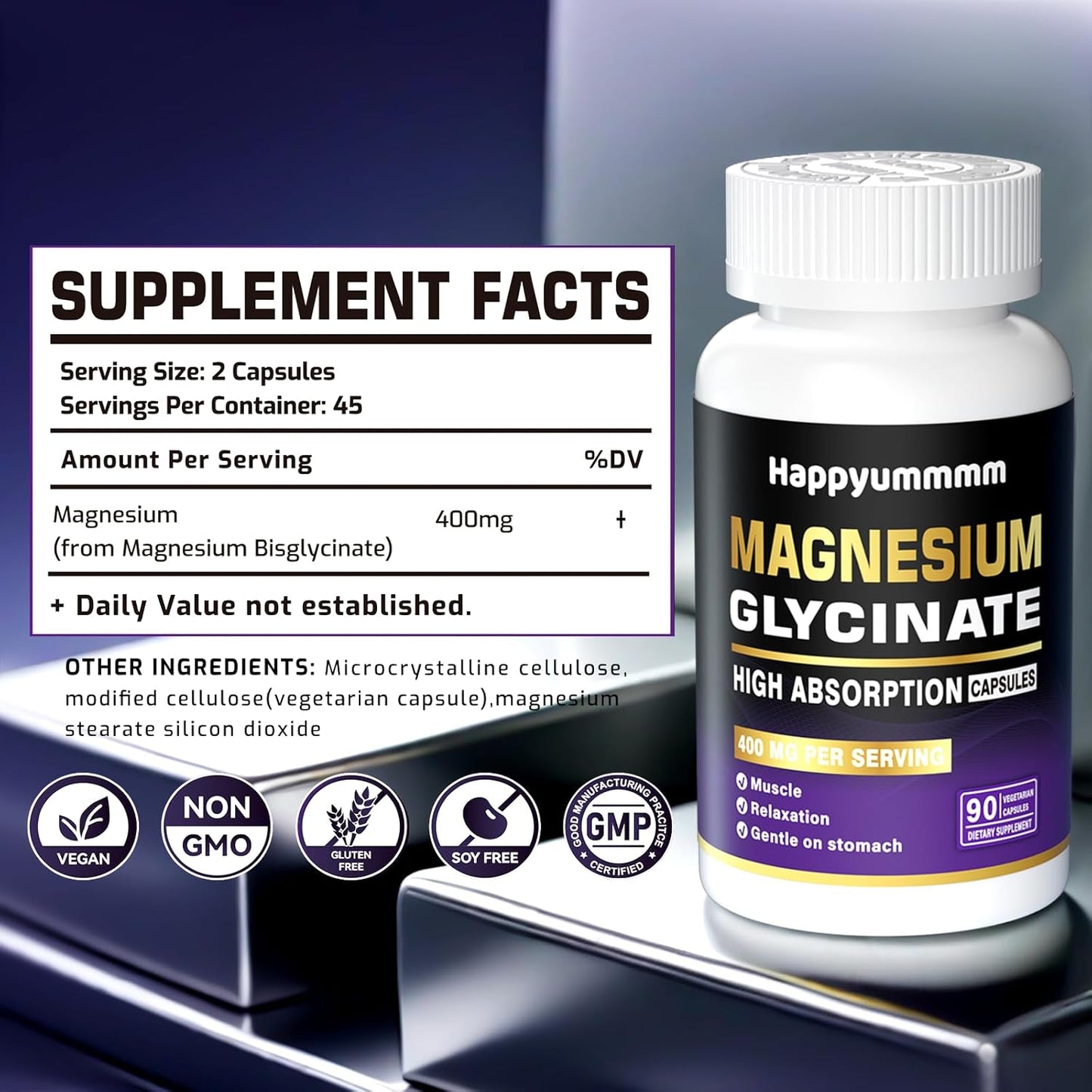 High Absorption Magnesium Glycinate 400 MG - Gentle on Stomach, Non-GMO, 90 Veg Capsules - Chelated for Maximum Benefits
