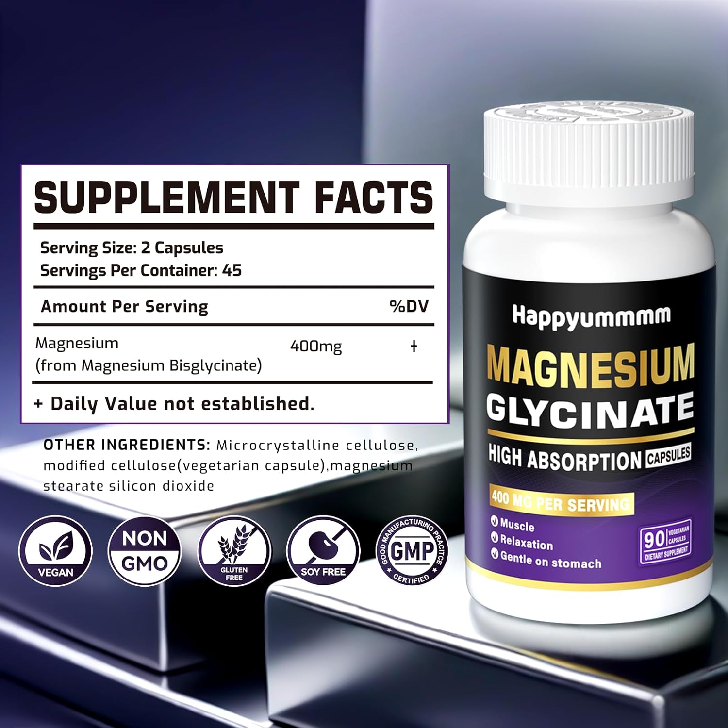 High Absorption Magnesium Glycinate 400 MG - Gentle on Stomach, Non-GMO, 90 Veg Capsules - Chelated for Maximum Benefits