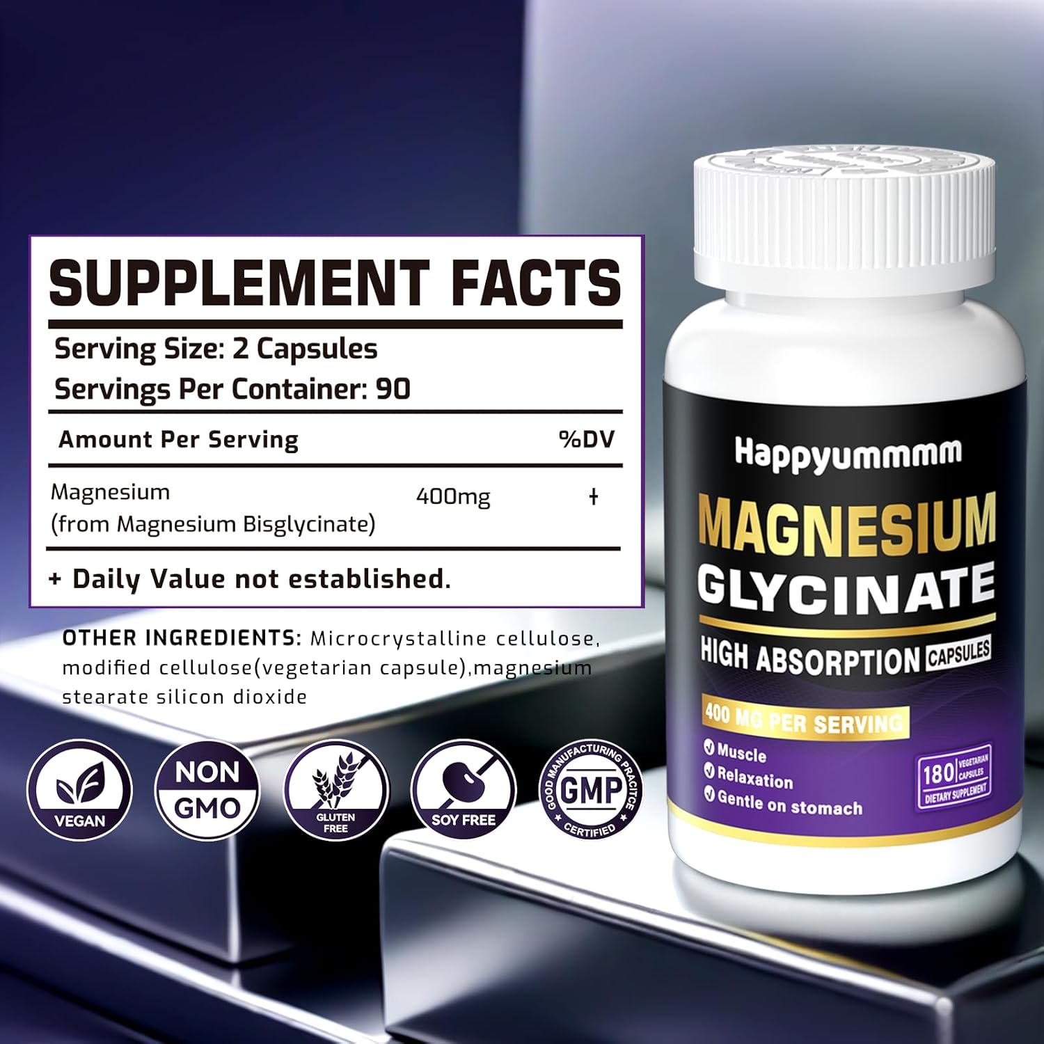 High Absorption Magnesium Glycinate 400 MG - Gentle on Stomach, Non-GMO, 180 Vegetarian Capsules - Happyummmm