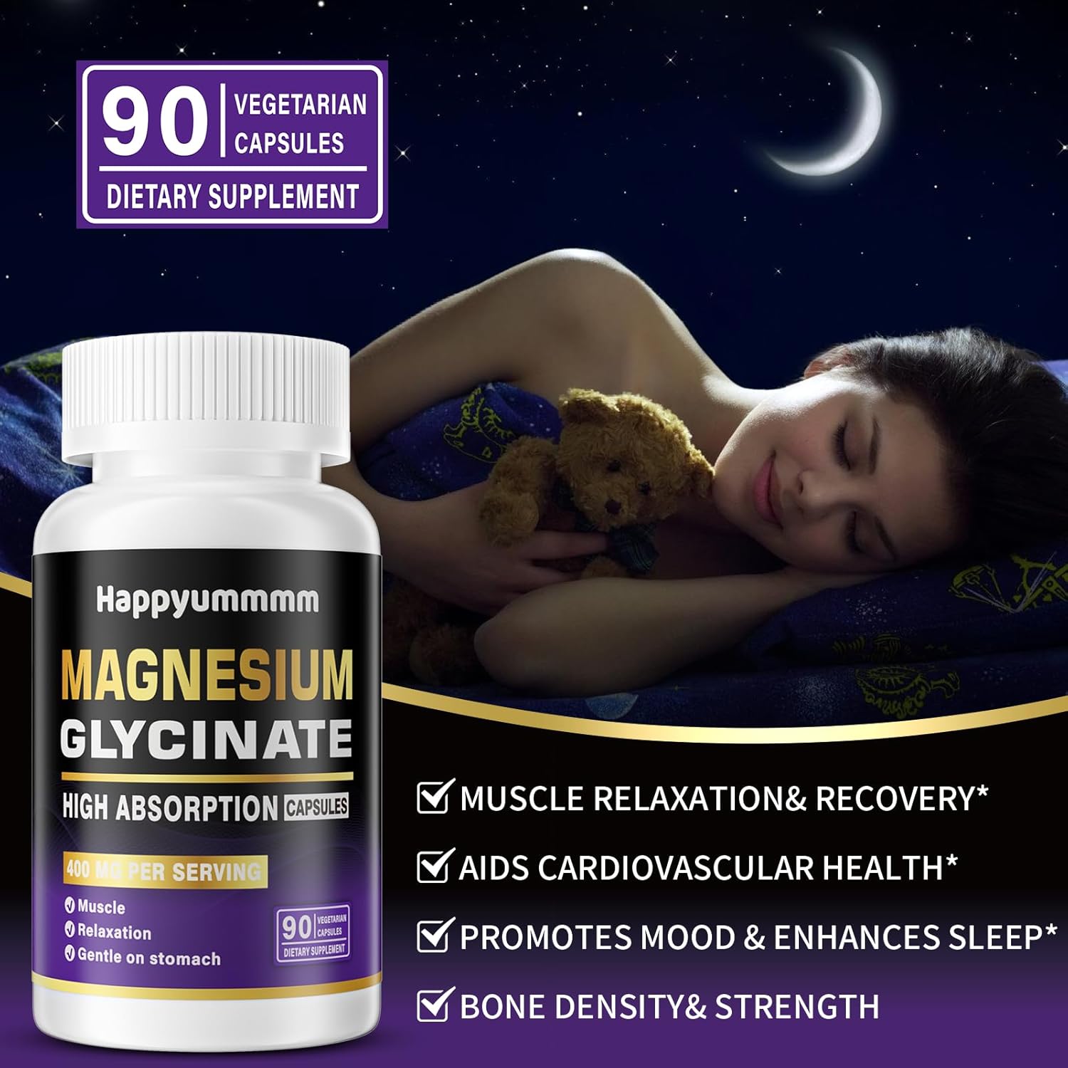 High Absorption Magnesium Glycinate 400 MG - Gentle on Stomach, Non-GMO, 90 Veg Capsules - Chelated for Maximum Benefits