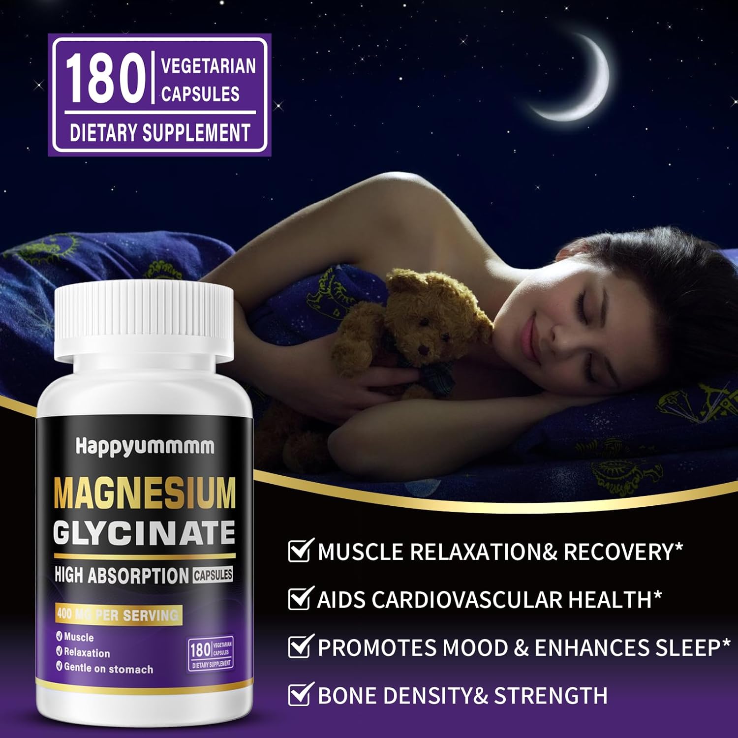 High Absorption Magnesium Glycinate 400 MG - Gentle on Stomach, Non-GMO, 180 Vegetarian Capsules - Happyummmm