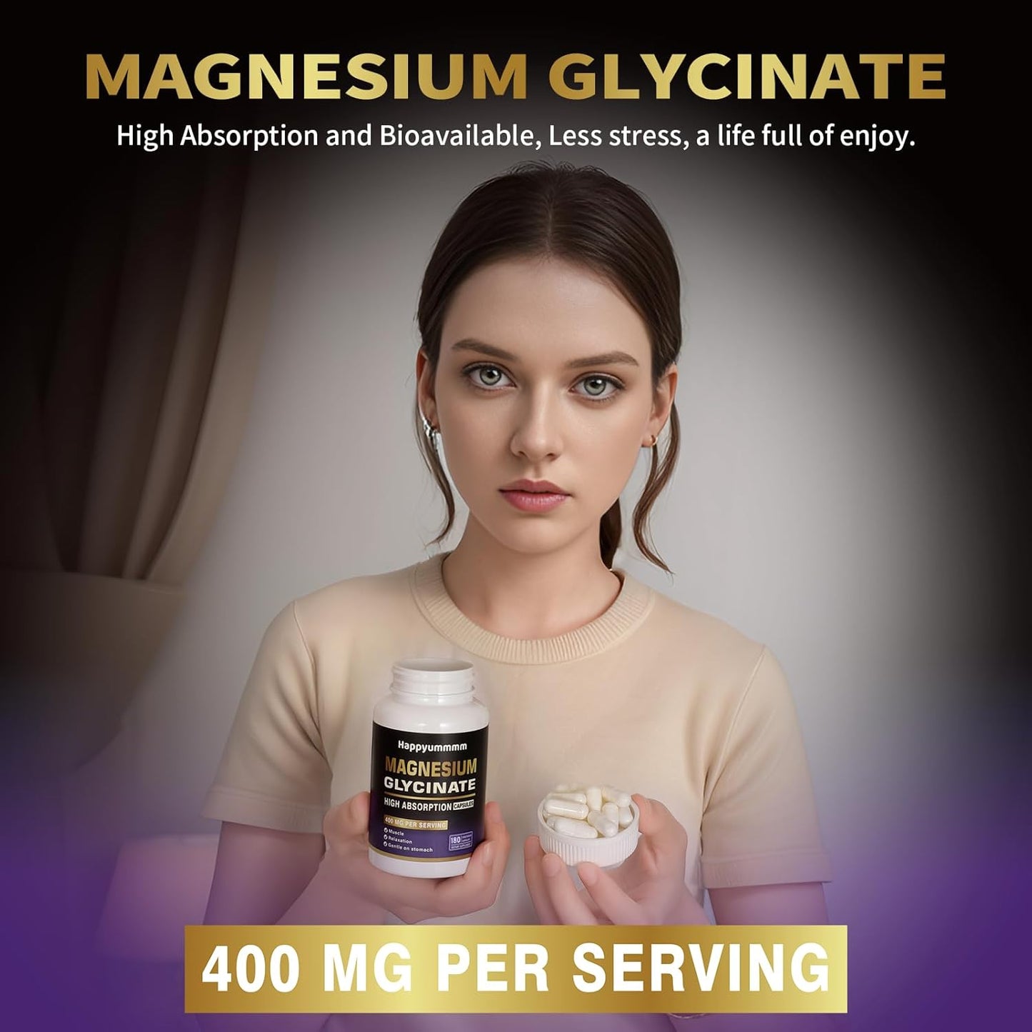 High Absorption Magnesium Glycinate 400 MG - Gentle on Stomach, Non-GMO, 180 Vegetarian Capsules - Happyummmm