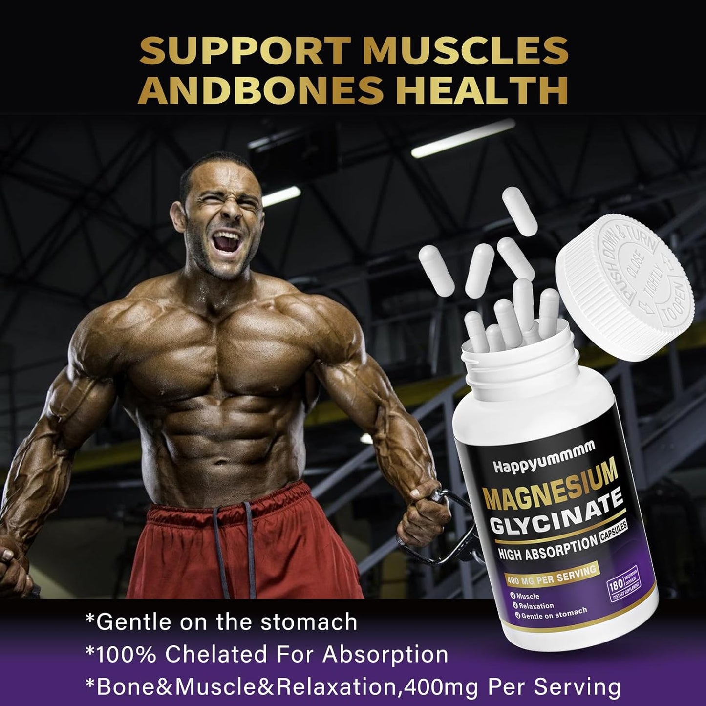 High Absorption Magnesium Glycinate 400 MG - Gentle on Stomach, Non-GMO, 180 Vegetarian Capsules - Happyummmm