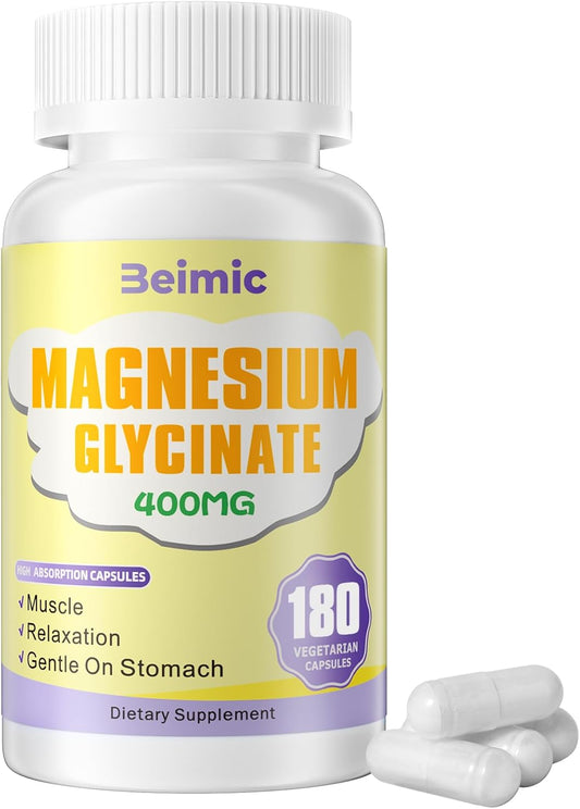 High Absorption Magnesium Glycinate 400 MG - Non-GMO, Gentle On Stomach - 180 Vegetarian Capsules