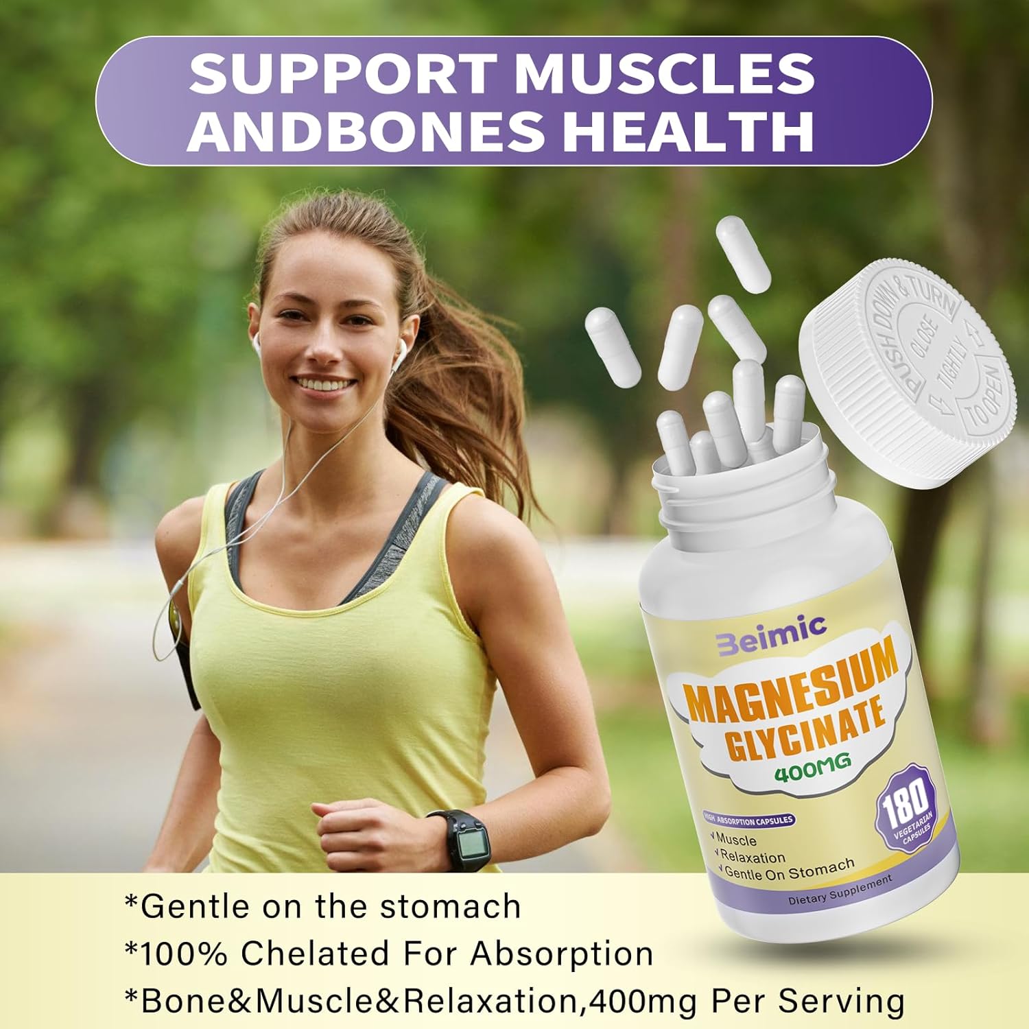High Absorption Magnesium Glycinate 400 MG - Non-GMO, Gentle On Stomach - 180 Vegetarian Capsules