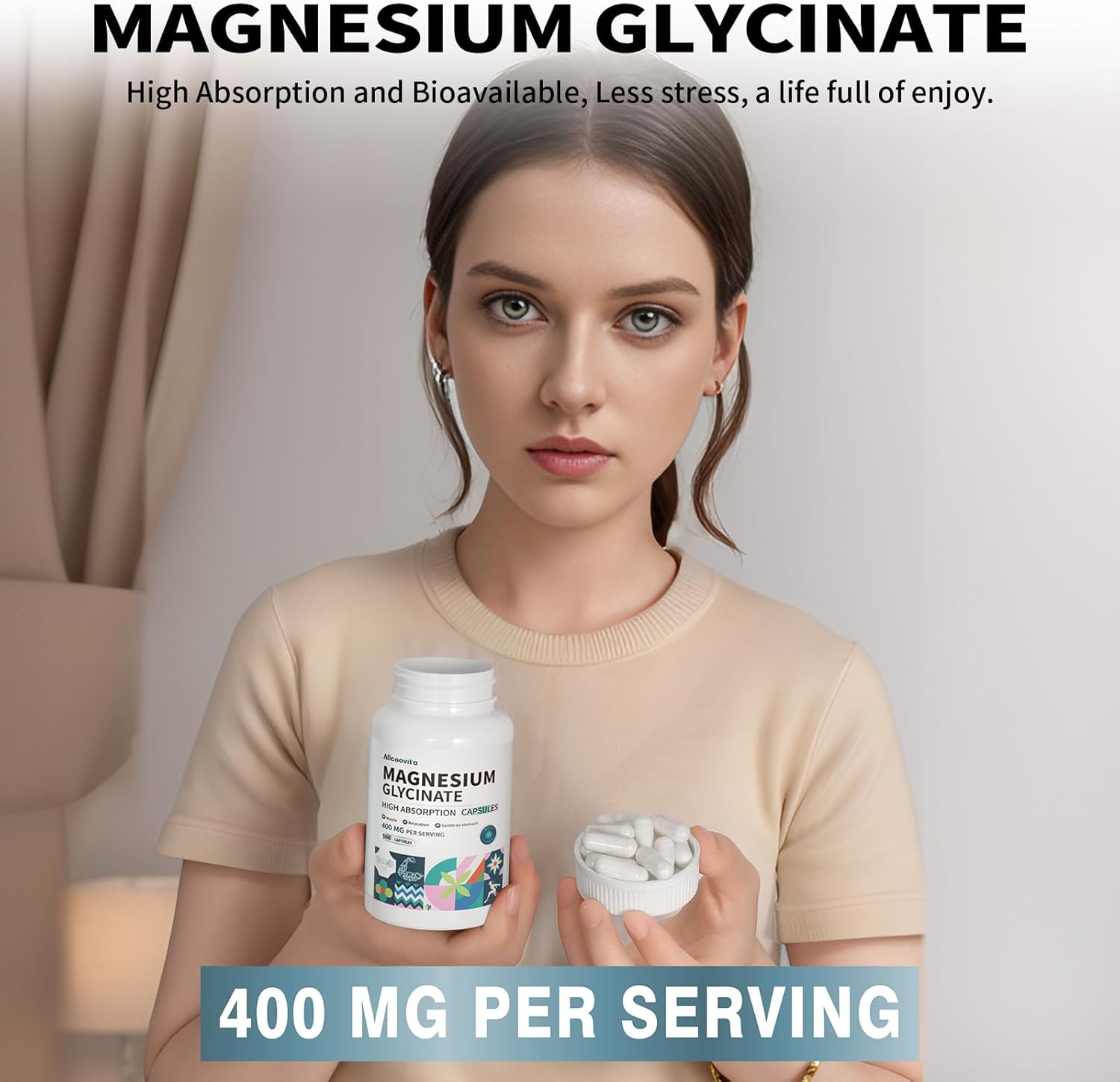 High Absorption Magnesium Glycinate 400 MG Chelated, Gentle On Stomach, Non-GMO - 180 Vegetarian Capsules