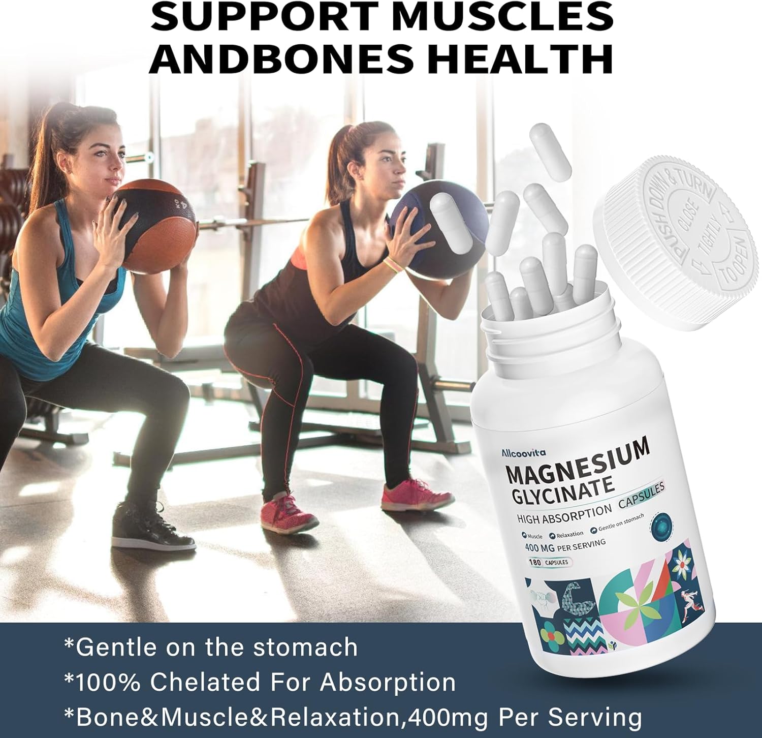 High Absorption Magnesium Glycinate 400 MG Chelated, Gentle On Stomach, Non-GMO - 180 Vegetarian Capsules