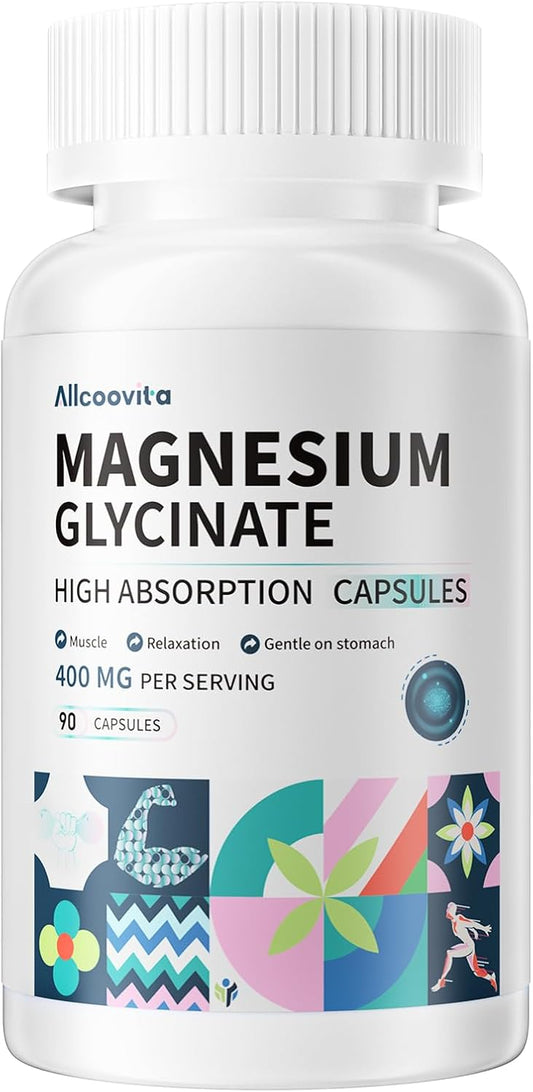 High Absorption Magnesium Glycinate 400 MG per Serving, Gentle On Stomach, Non-GMO, 90 Vegetarian Capsules by Allcoovita