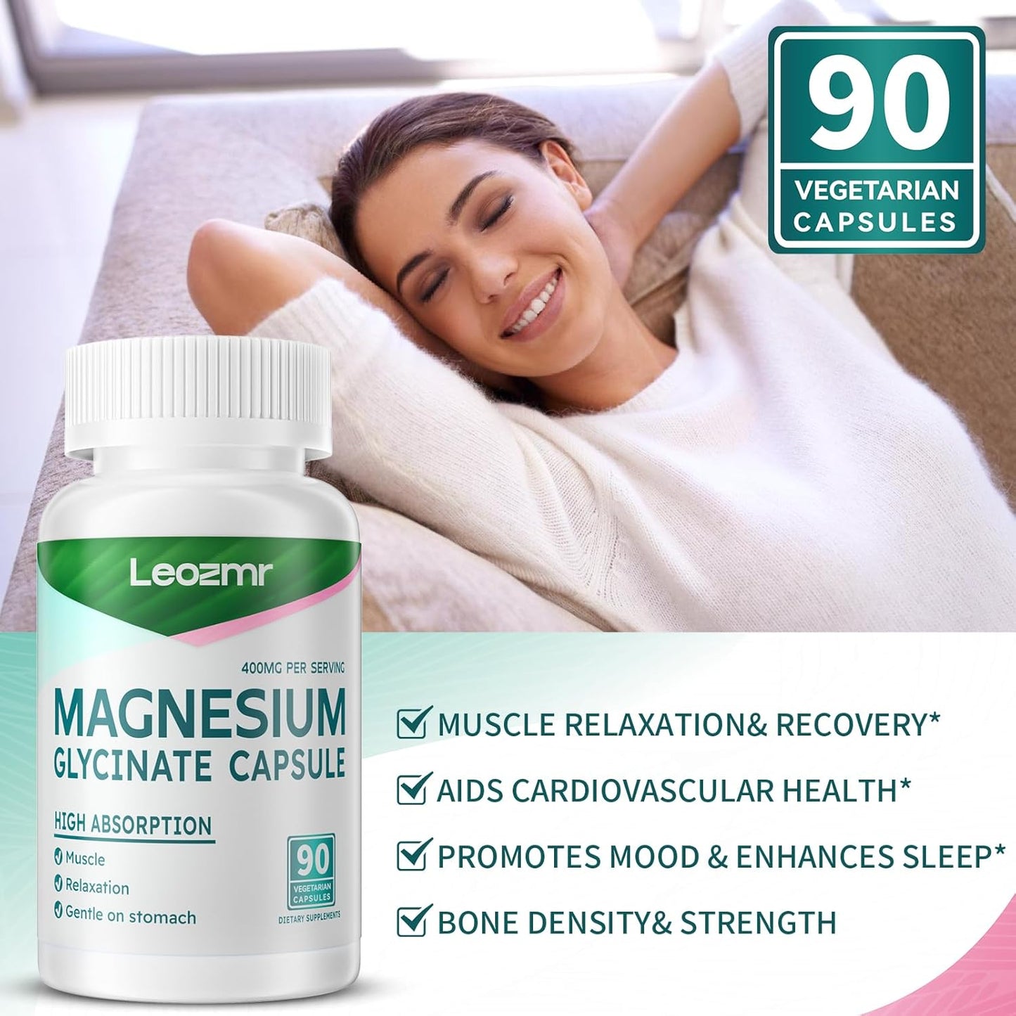High Absorption Magnesium Glycinate 400 MG per Serving - 100% Chelated, Gentle On Stomach, Non-GMO, 90 Veg Capsules