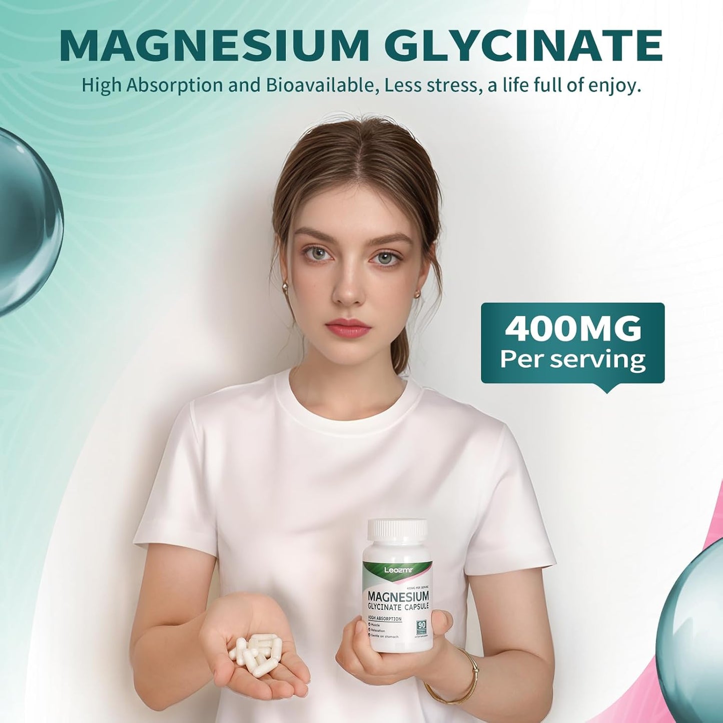 High Absorption Magnesium Glycinate 400 MG per Serving - 100% Chelated, Gentle On Stomach, Non-GMO, 90 Veg Capsules