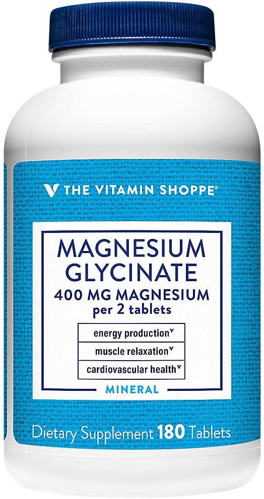 High-Absorption Magnesium Glycinate 400MG Tablets for Energy, Muscle Relaxation, Heart Health - Vitamin Shoppe Supplement (180 Count)