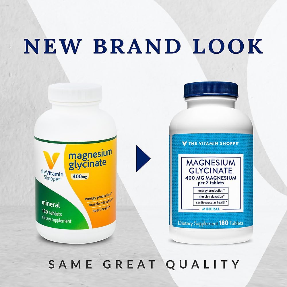 High-Absorption Magnesium Glycinate 400MG Tablets for Energy, Muscle Relaxation, Heart Health - Vitamin Shoppe Supplement (180 Count)