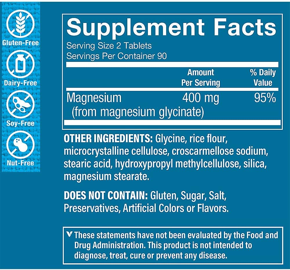 High-Absorption Magnesium Glycinate 400MG Tablets for Energy, Muscle Relaxation, Heart Health - Vitamin Shoppe Supplement (180 Count)