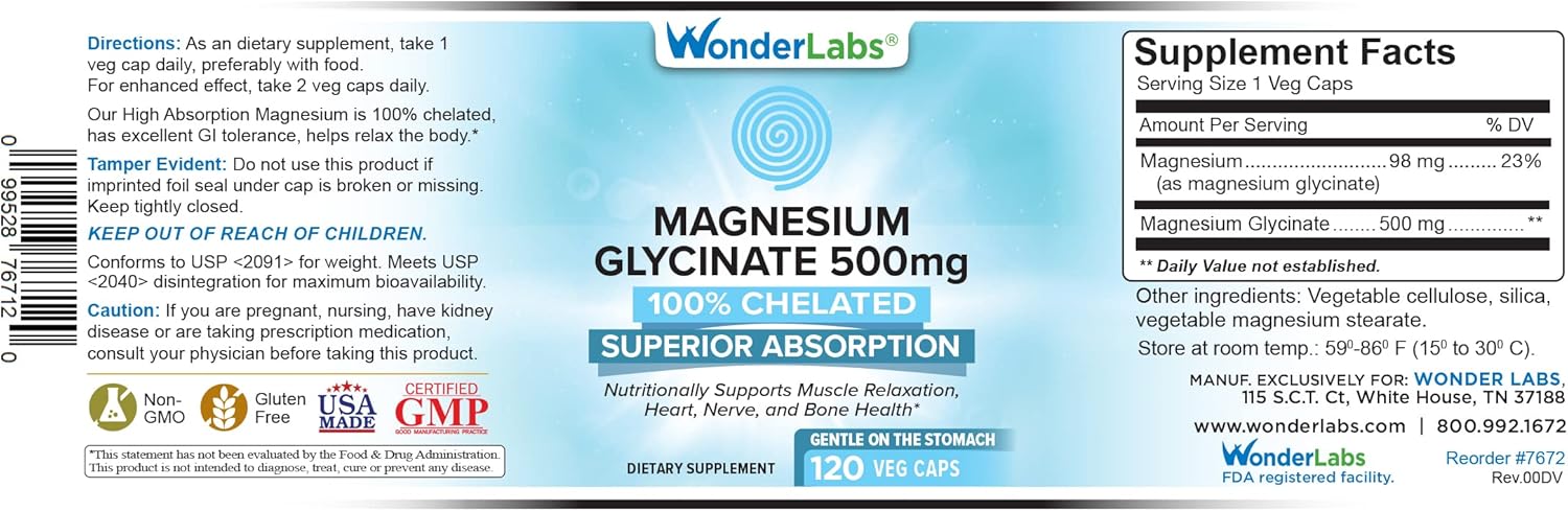 High Absorption Magnesium Glycinate 500mg, 100% Chelated Supplement for Muscle, Joint, and Heart Health - Non-GMO, Gluten, Dairy, and Soy Free (120 Capsules)