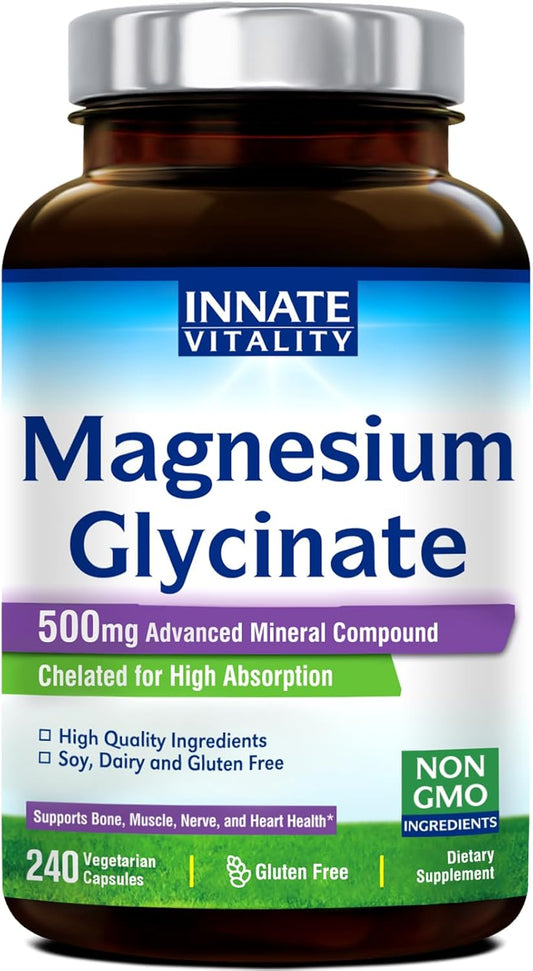 High Absorption Magnesium Glycinate 500mg | 70mg Elemental Magnesium | Non-GMO, Non-Buffered | Nerve, Muscle, Bone, Heart Health | 240 Capsules, 8 Months Supply