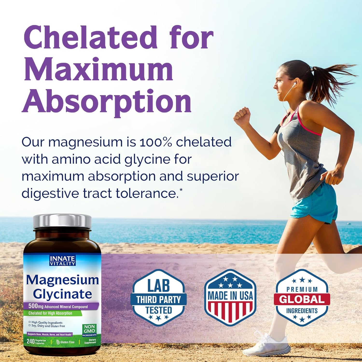 High Absorption Magnesium Glycinate 500mg | 70mg Elemental Magnesium | Non-GMO, Non-Buffered | Nerve, Muscle, Bone, Heart Health | 240 Capsules, 8 Months Supply