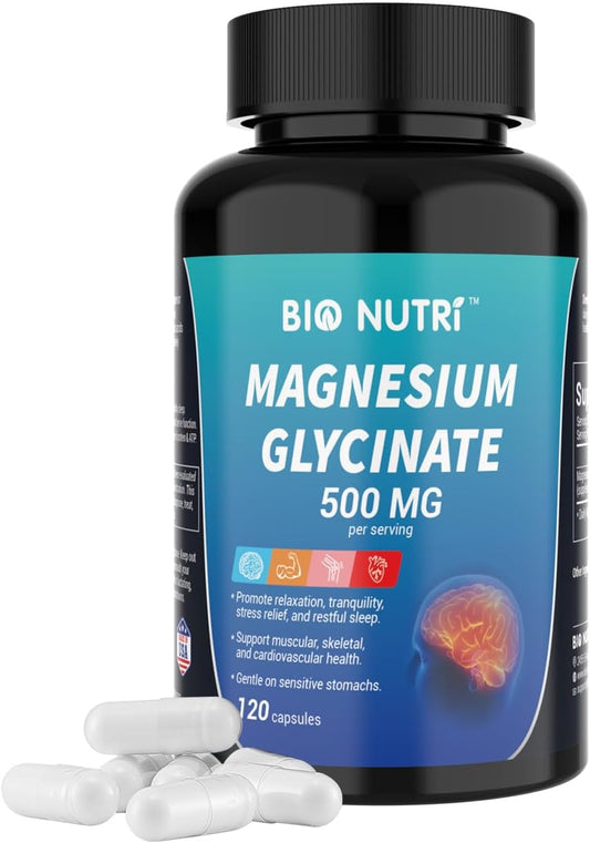 High Absorption Magnesium Glycinate 500mg Capsules for Sleep, Stress, and Relaxation - 120 Capsules for Nerve, Muscle, Bone, and Heart Health