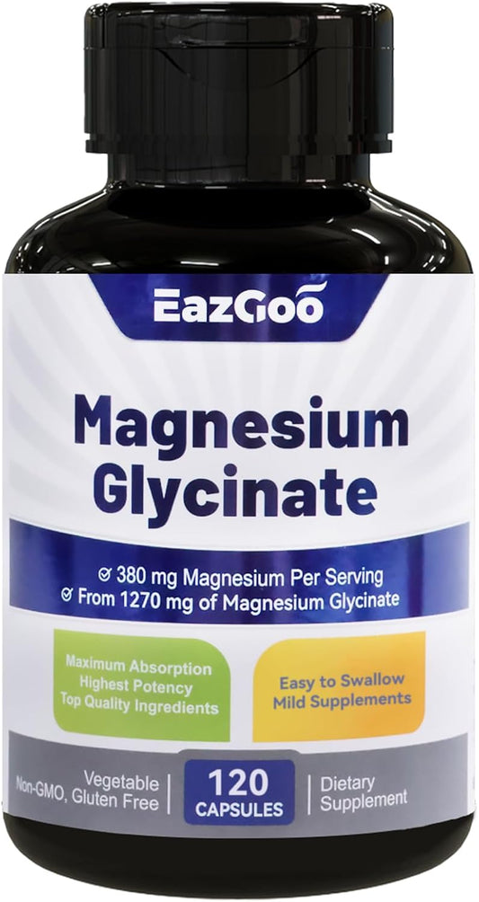 High Absorption Magnesium Glycinate Capsules - 1270mg Supplement with 380mg Magnesium - Non-GMO, Gluten-Free - 120 Capsules
