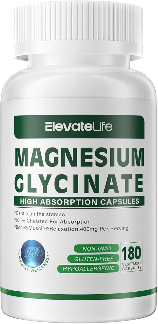 High Absorption Magnesium Glycinate Capsules - 400 MG per Serving, Gentle on Stomach, Non-GMO, 180 Vegetarian Capsules