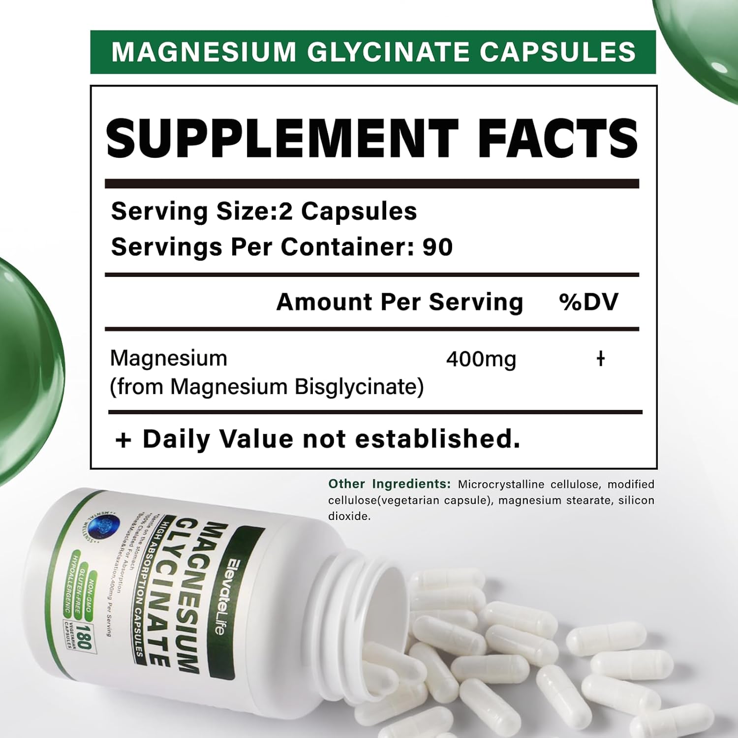 High Absorption Magnesium Glycinate Capsules - 400 MG per Serving, Gentle on Stomach, Non-GMO, 180 Vegetarian Capsules