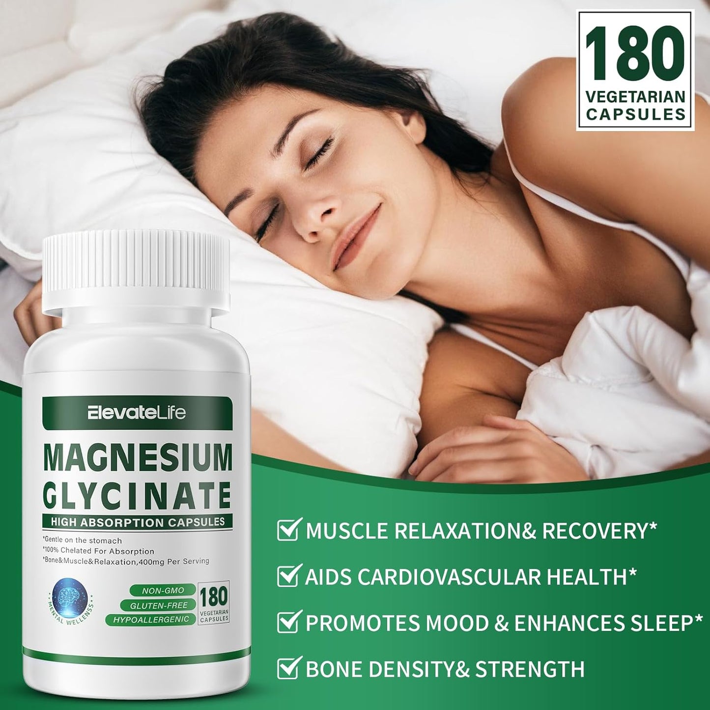 High Absorption Magnesium Glycinate Capsules - 400 MG per Serving, Gentle on Stomach, Non-GMO, 180 Vegetarian Capsules