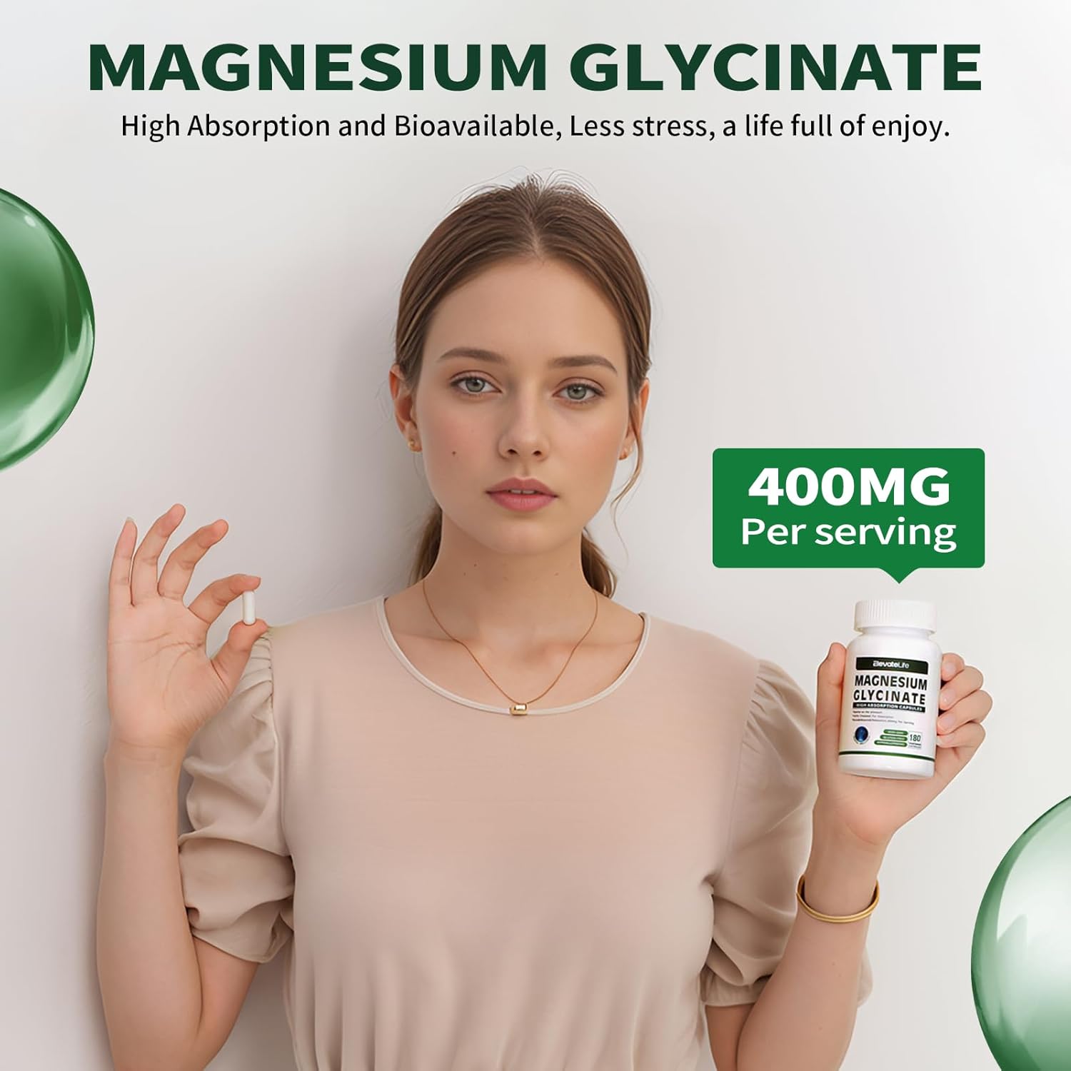High Absorption Magnesium Glycinate Capsules - 400 MG per Serving, Gentle on Stomach, Non-GMO, 180 Vegetarian Capsules