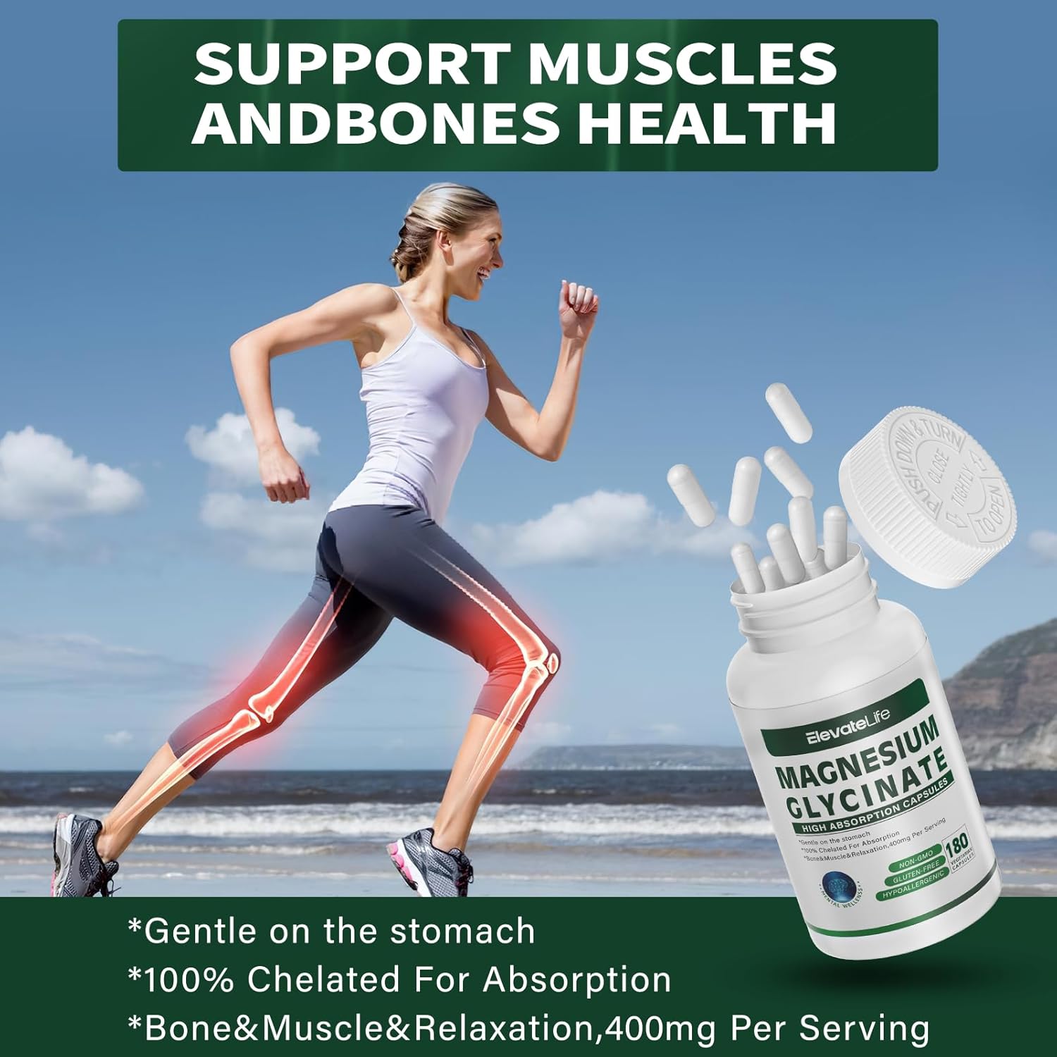 High Absorption Magnesium Glycinate Capsules - 400 MG per Serving, Gentle on Stomach, Non-GMO, 180 Vegetarian Capsules