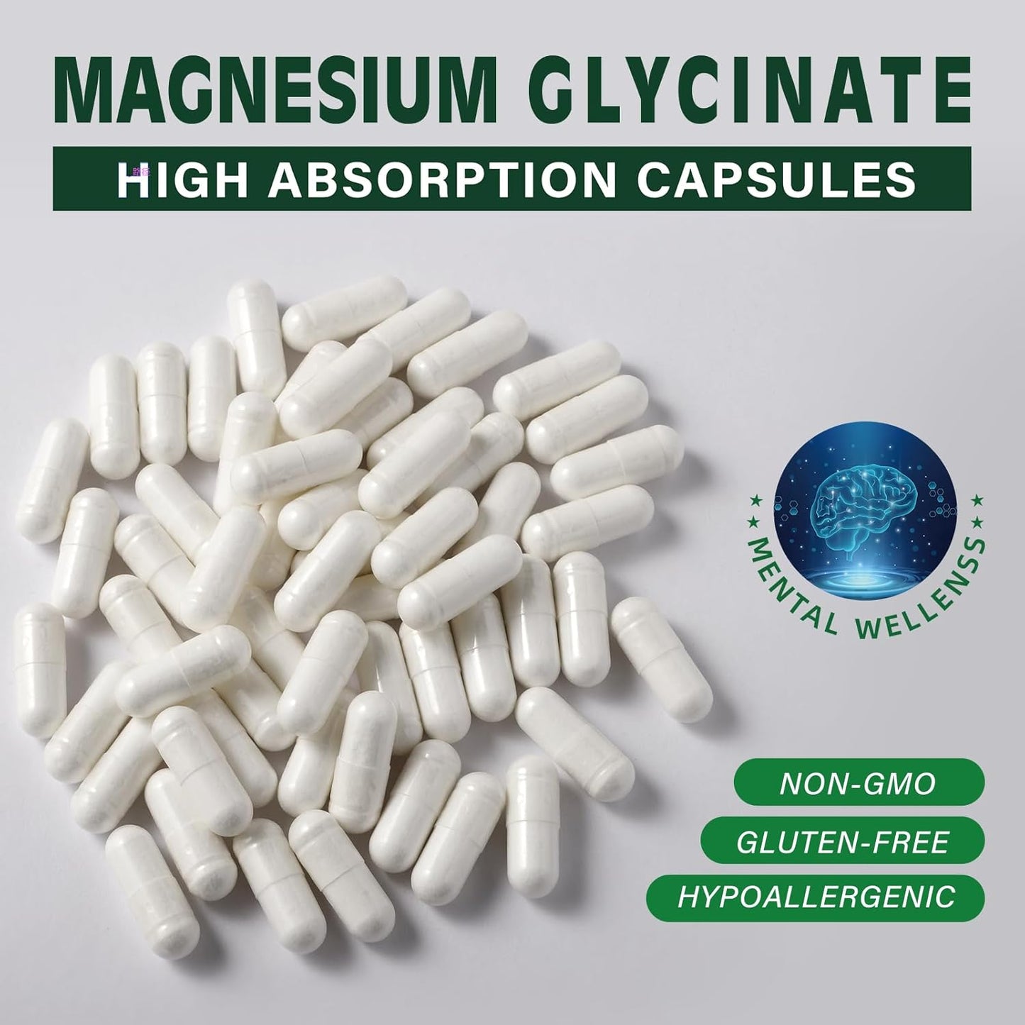 High Absorption Magnesium Glycinate Capsules - 400 MG per Serving, Gentle on Stomach, Non-GMO, 180 Vegetarian Capsules