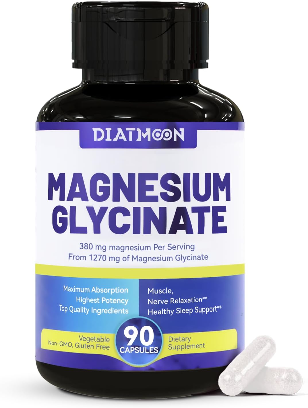 High Absorption Magnesium Glycinate Capsules 380mg - 90 Count Supplement for Muscle, Heart, Nerve Support - Non-GMO & Gluten Free