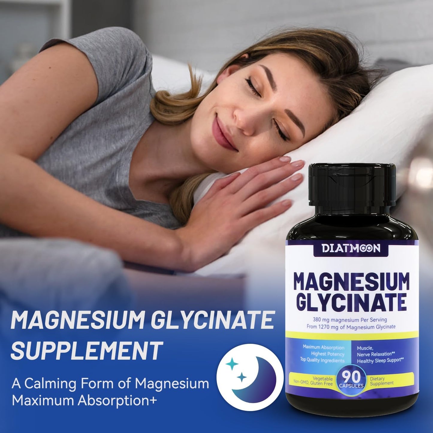 High Absorption Magnesium Glycinate Capsules 380mg - 90 Count Supplement for Muscle, Heart, Nerve Support - Non-GMO & Gluten Free