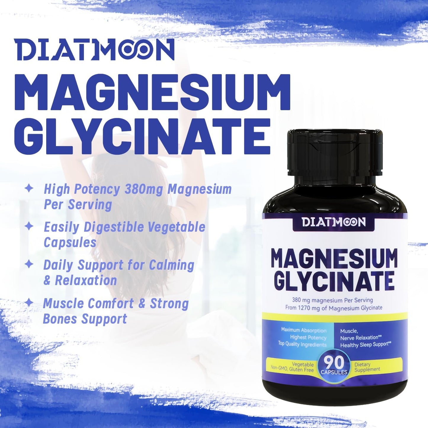 High Absorption Magnesium Glycinate Capsules 380mg - 90 Count Supplement for Muscle, Heart, Nerve Support - Non-GMO & Gluten Free