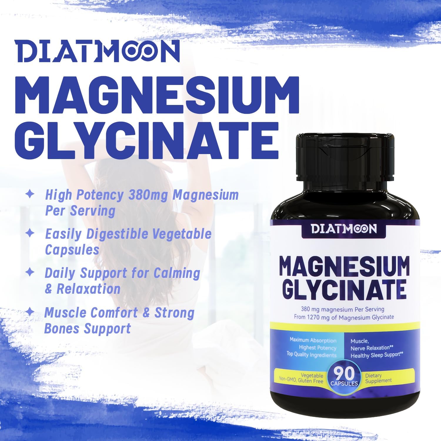 High Absorption Magnesium Glycinate Capsules 380mg - 90 Count Supplement for Muscle, Heart, Nerve Support - Non-GMO & Gluten Free