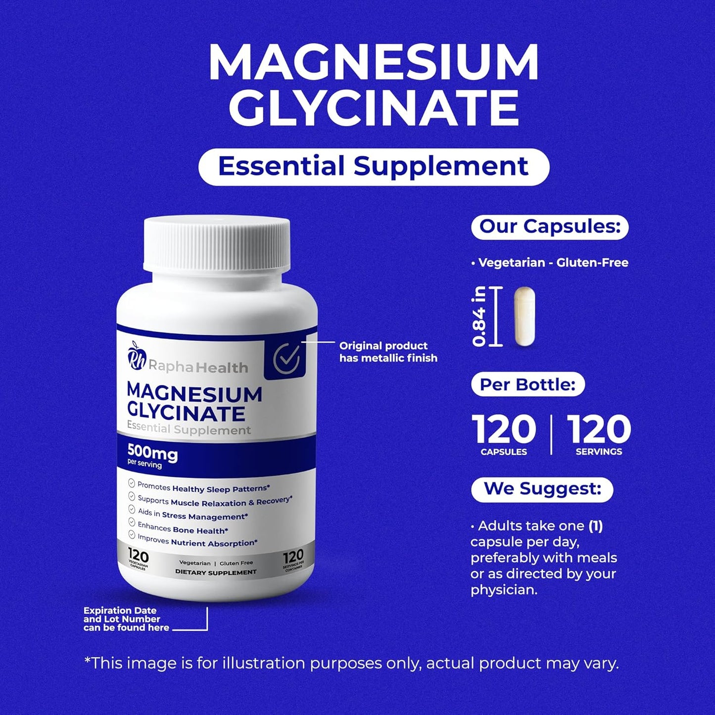 High Absorption Magnesium Glycinate Capsules | 500mg | 100% Chelated | Supports Bone Health & Muscle Recovery | 120 Count - 4 Month Supply by RAPHA HEALTH