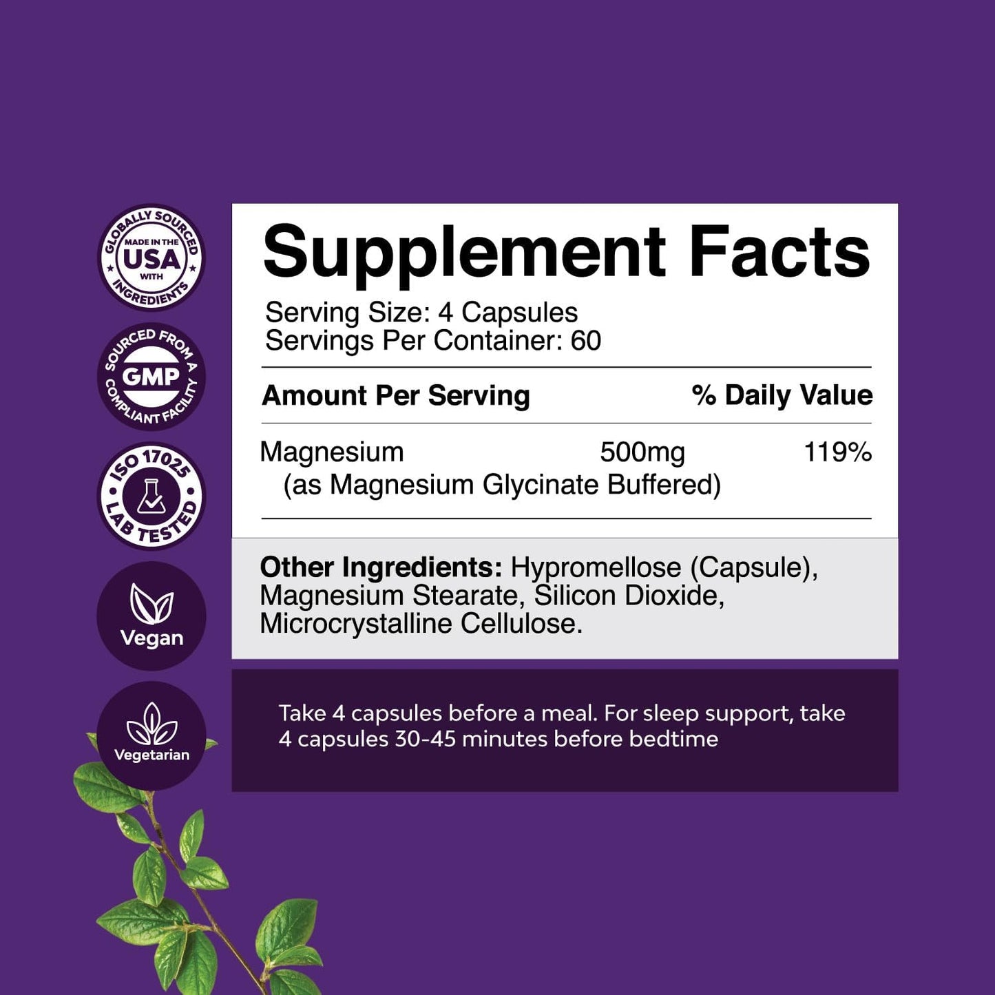 High Absorption Magnesium Glycinate Capsules for Sleep, Muscle, Bone & Nerve Support - 500mg, Chelated, GMP Certified - 240 Count