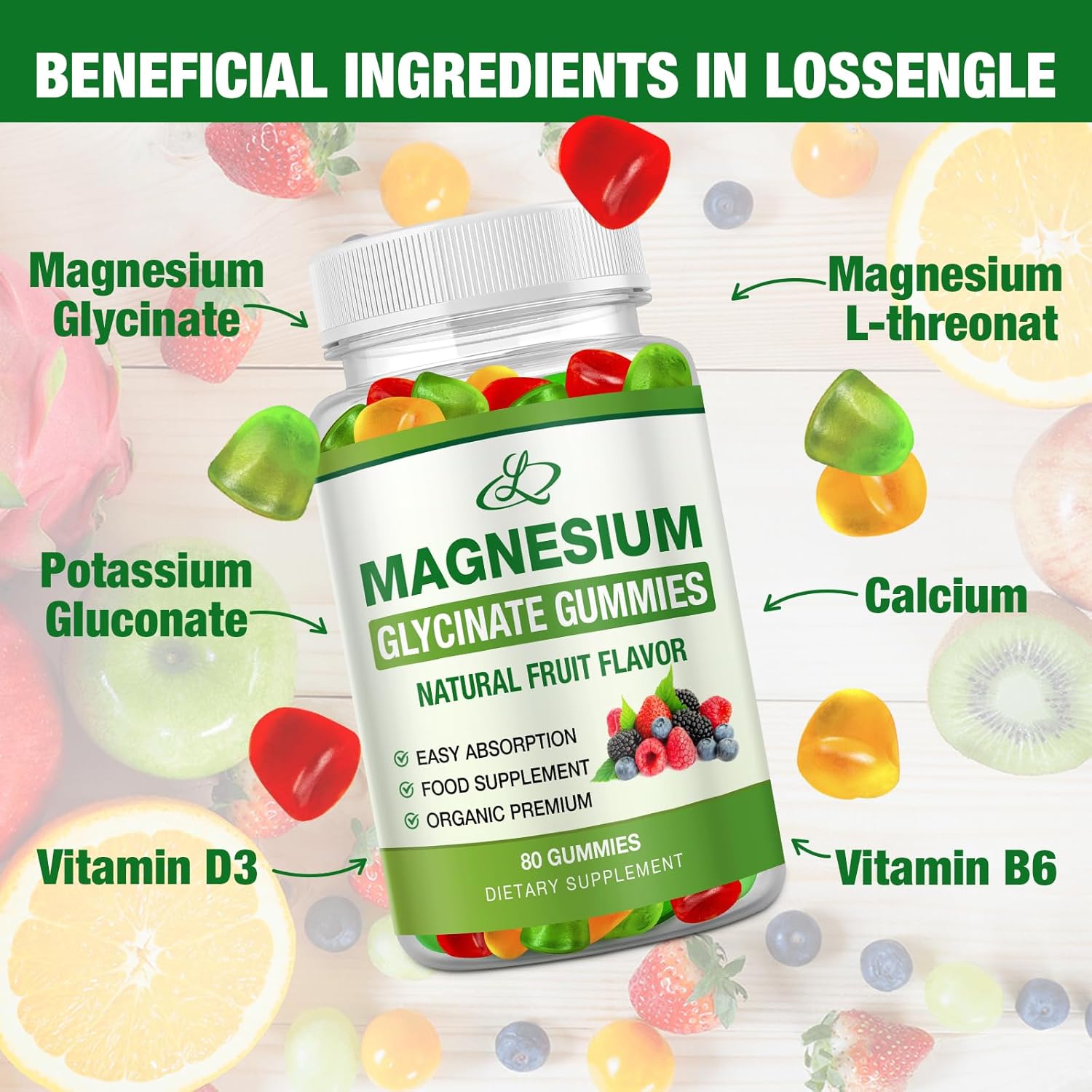 High Absorption Magnesium Glycinate Gummies 600mg for Adults & Kids, Potassium Magnesium Supplement for Sleep - 80 Count