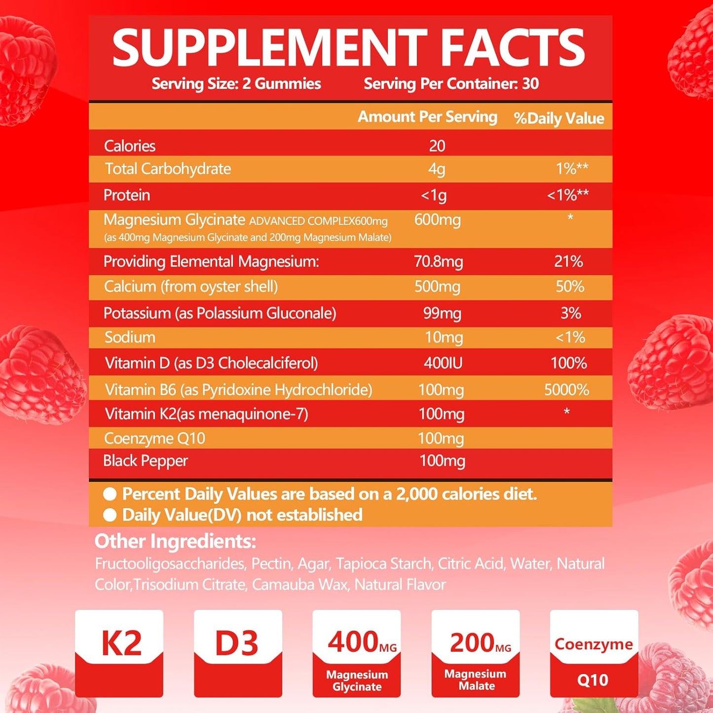 High Absorption Magnesium Glycinate Gummies with Magnesium Malate, K2 & D3 for Sleep, Stress Relief, Nerve Support - Raspberry Flavor - 60 Count