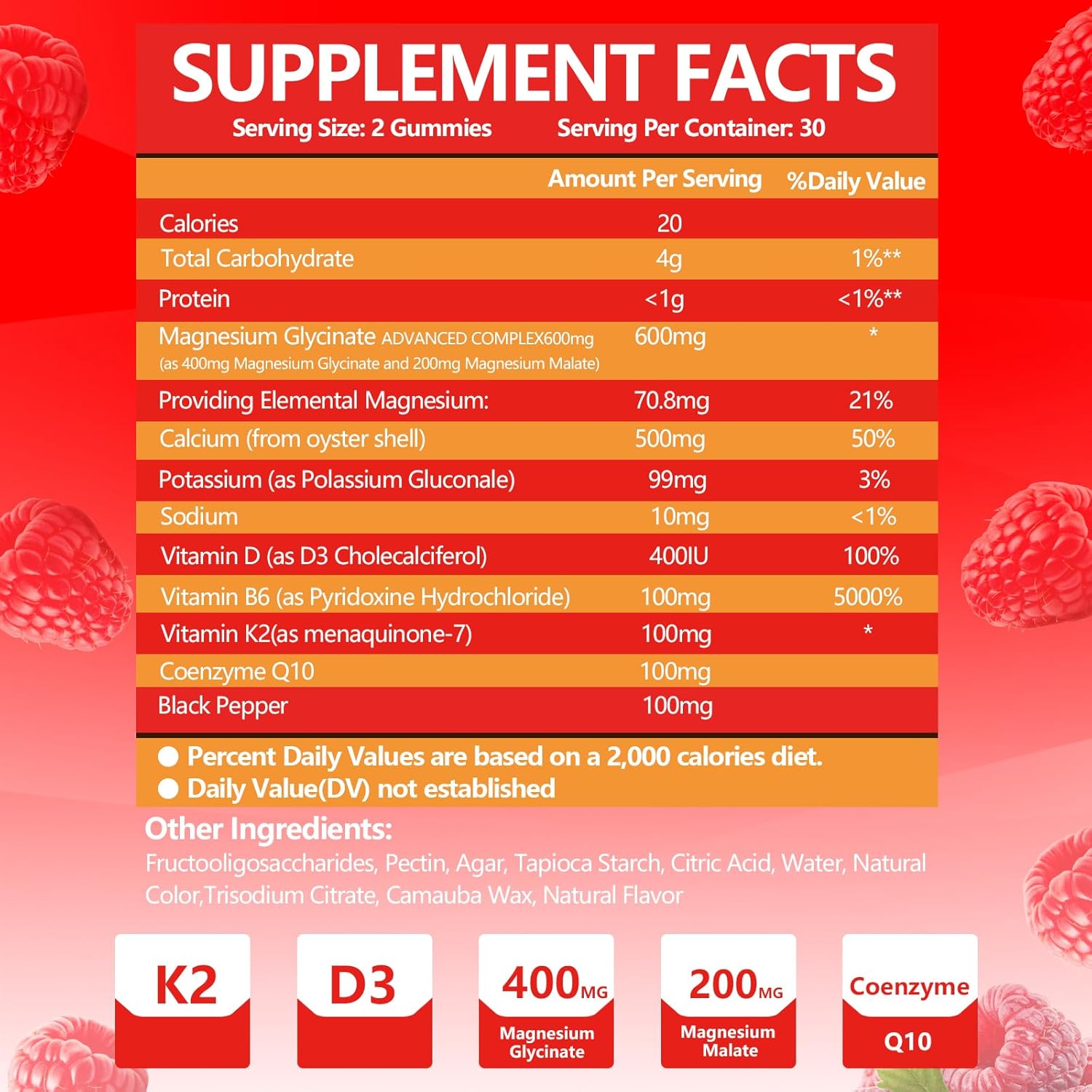 High Absorption Magnesium Glycinate Gummies with Magnesium Malate, K2 & D3 for Sleep, Stress Relief, Nerve Support - Raspberry Flavor - 60 Count