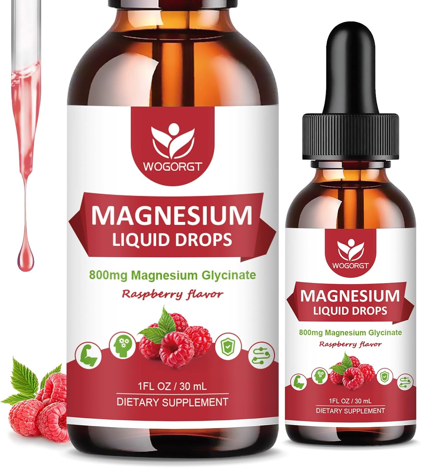 High Absorption Magnesium Glycinate Liquid Drops (2 Pack) with Citrate & Taurate - Raspberry Flavor - 1000mg Liquid Magnesium Complex with D3, GABA, L-theanine for Cognition, Muscle & Focus - 30mL