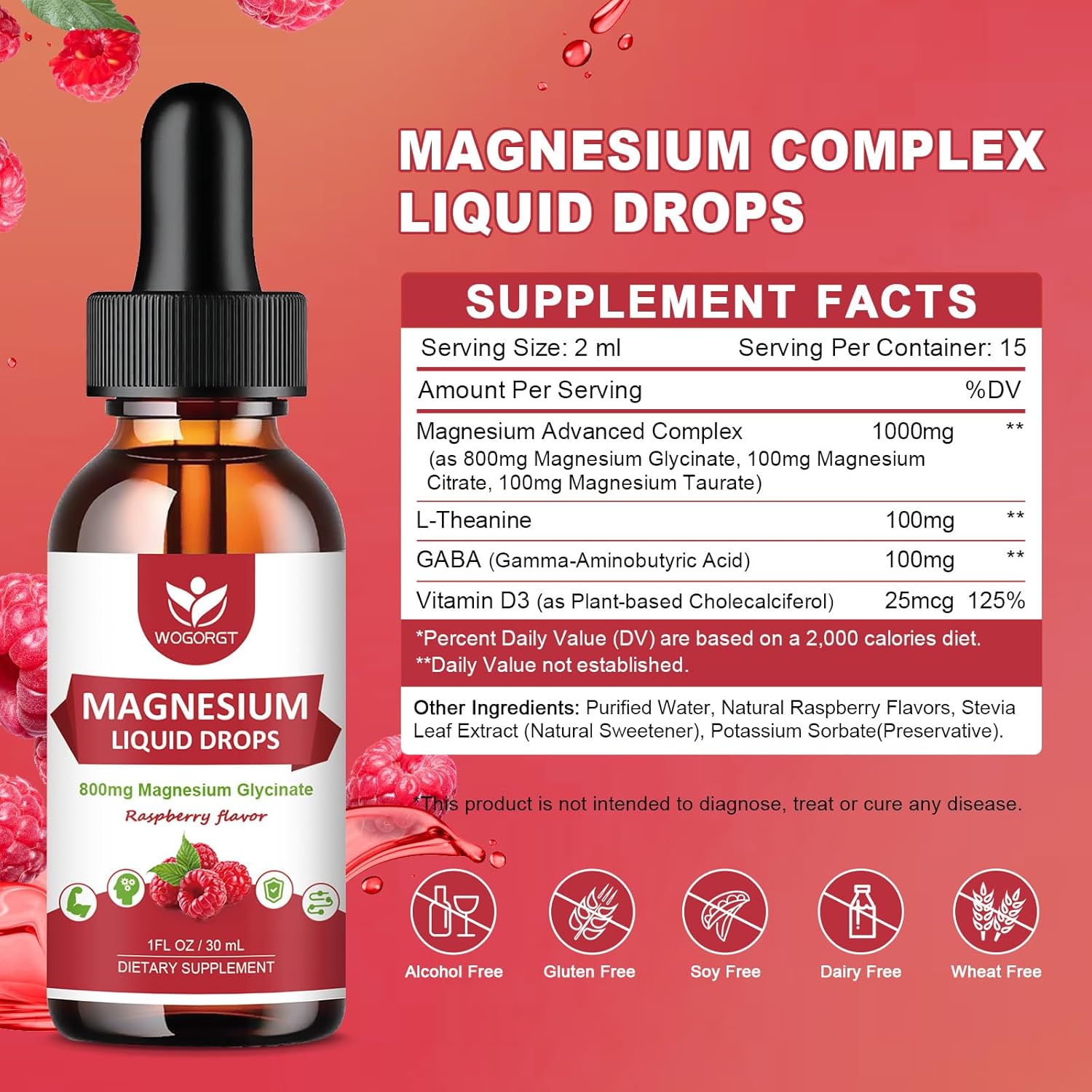 High Absorption Magnesium Glycinate Liquid Drops (2 Pack) with Citrate & Taurate - Raspberry Flavor - 1000mg Liquid Magnesium Complex with D3, GABA, L-theanine for Cognition, Muscle & Focus - 30mL