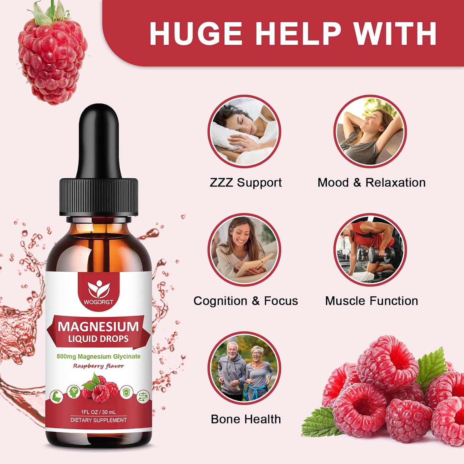 High Absorption Magnesium Glycinate Liquid Drops (2 Pack) with Citrate & Taurate - Raspberry Flavor - 1000mg Liquid Magnesium Complex with D3, GABA, L-theanine for Cognition, Muscle & Focus - 30mL