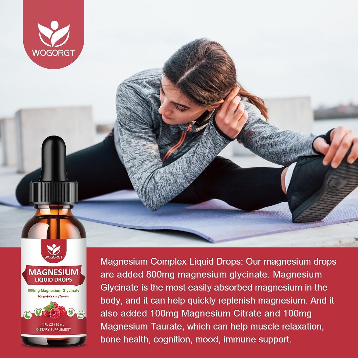 High Absorption Magnesium Glycinate Liquid Drops (2 Pack) with Citrate & Taurate - Raspberry Flavor - 1000mg Liquid Magnesium Complex with D3, GABA, L-theanine for Cognition, Muscle & Focus - 30mL