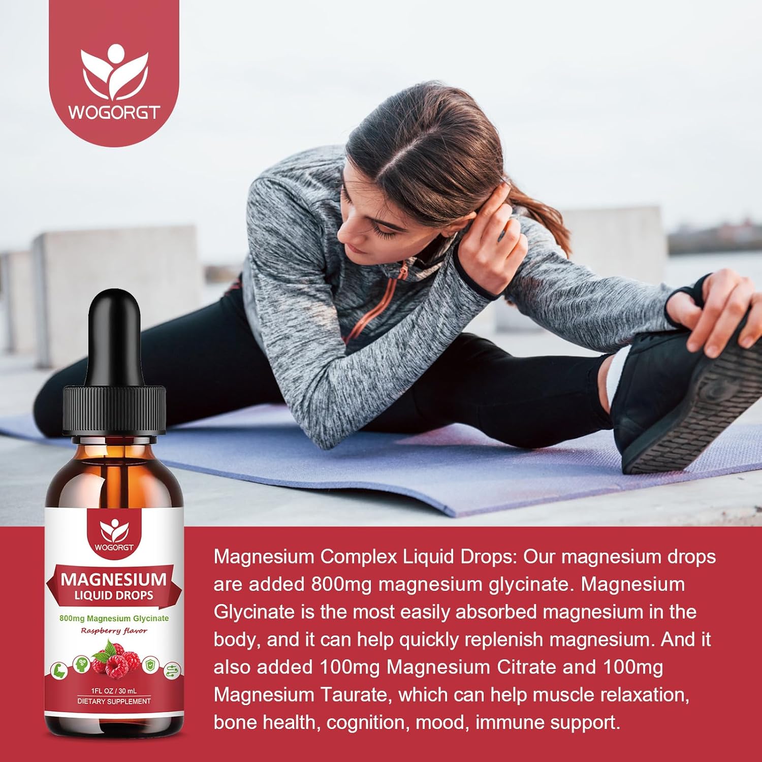High Absorption Magnesium Glycinate Liquid Drops (2 Pack) with Citrate & Taurate - Raspberry Flavor - 1000mg Liquid Magnesium Complex with D3, GABA, L-theanine for Cognition, Muscle & Focus - 30mL