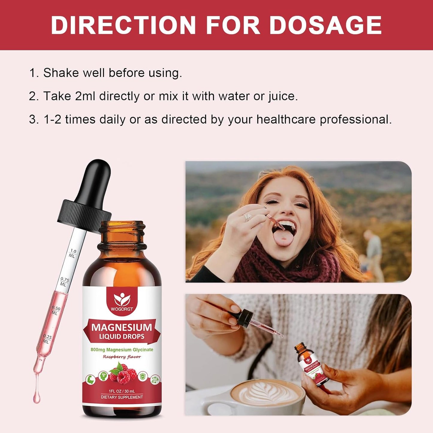 High Absorption Magnesium Glycinate Liquid Drops (2 Pack) with Citrate & Taurate - Raspberry Flavor - 1000mg Liquid Magnesium Complex with D3, GABA, L-theanine for Cognition, Muscle & Focus - 30mL