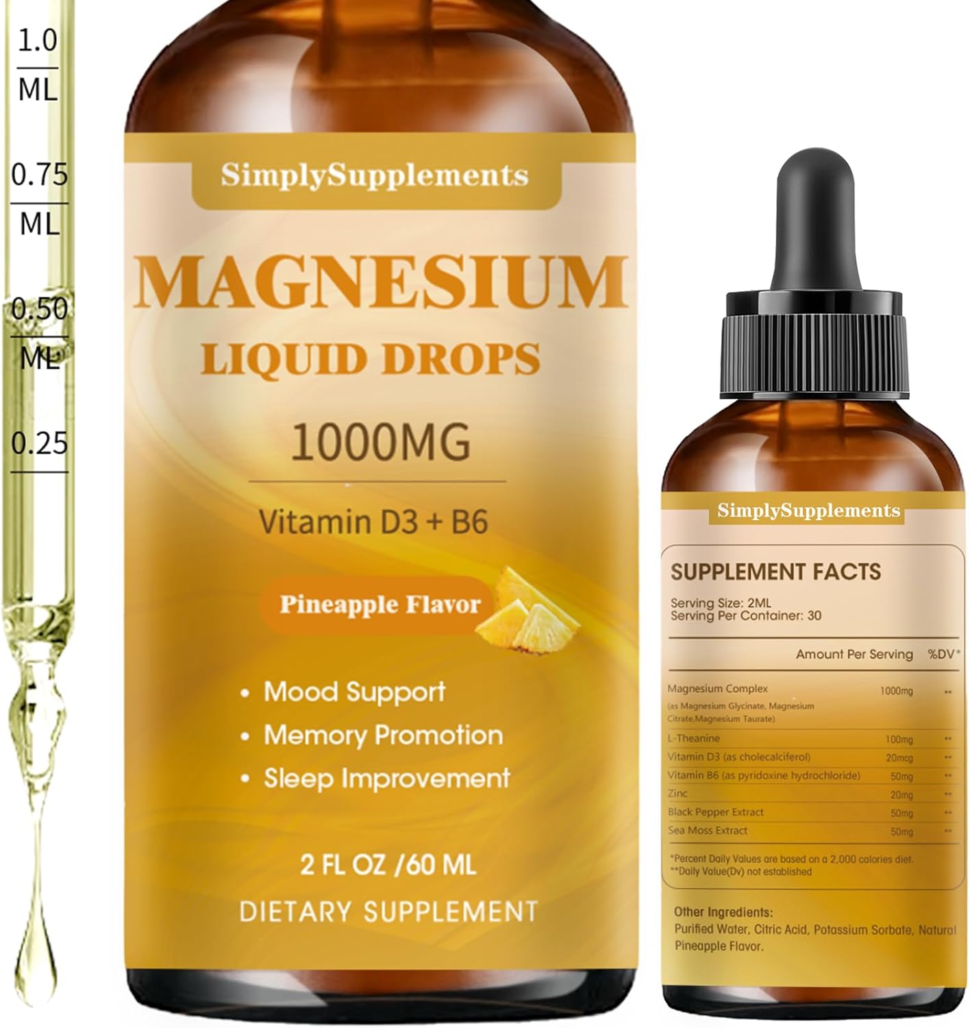 High Absorption Magnesium Glycinate Liquid Drops with Citrate, Taurate, L-Theanine, Vitamin D3 & B6 for Sleep and Calm - Pineapple Flavor - 2 Fl Oz