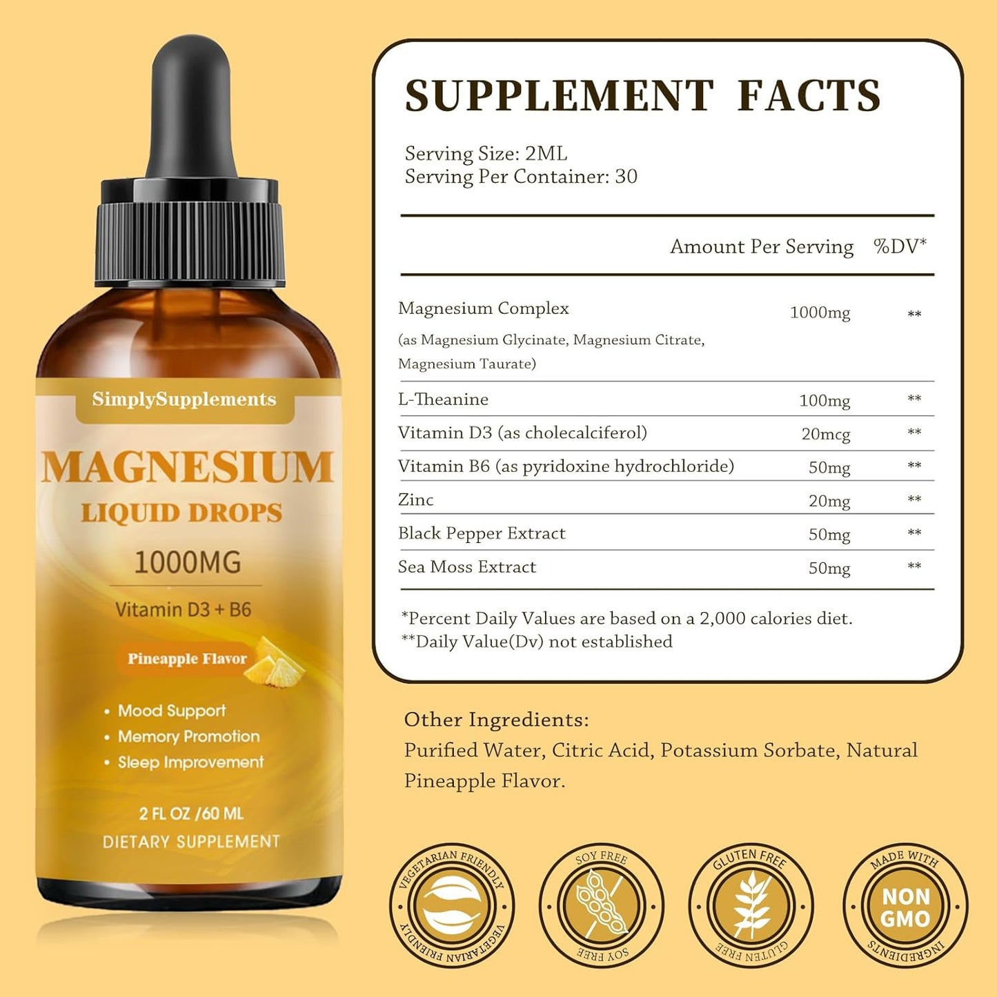 High Absorption Magnesium Glycinate Liquid Drops with Citrate, Taurate, L-Theanine, Vitamin D3 & B6 for Sleep and Calm - Pineapple Flavor - 2 Fl Oz