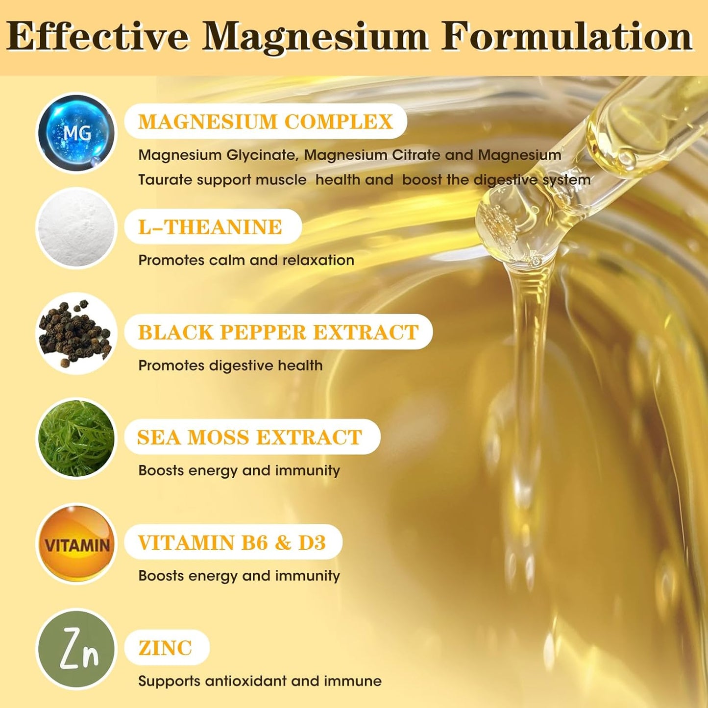 High Absorption Magnesium Glycinate Liquid Drops with Citrate, Taurate, L-Theanine, Vitamin D3 & B6 for Sleep and Calm - Pineapple Flavor - 2 Fl Oz