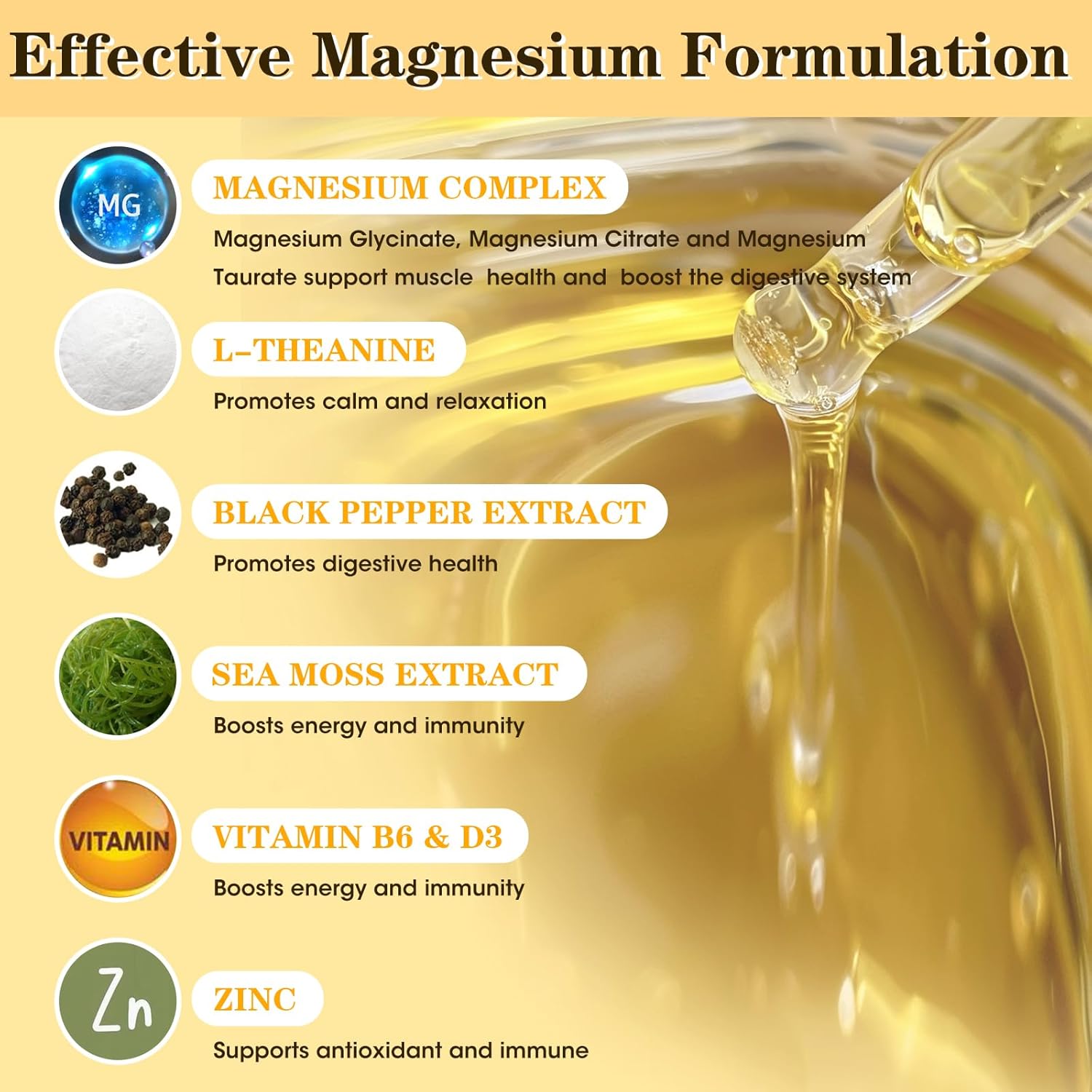 High Absorption Magnesium Glycinate Liquid Drops with Citrate, Taurate, L-Theanine, Vitamin D3 & B6 for Sleep and Calm - Pineapple Flavor - 2 Fl Oz