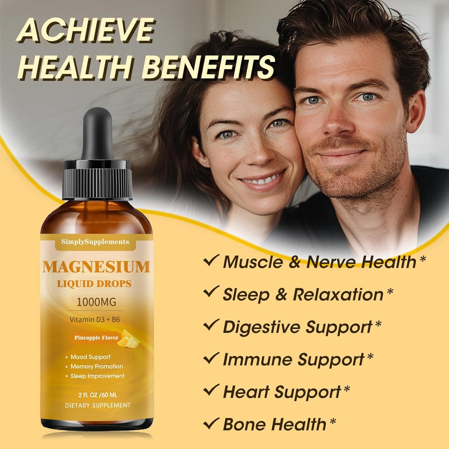 High Absorption Magnesium Glycinate Liquid Drops with Citrate, Taurate, L-Theanine, Vitamin D3 & B6 for Sleep and Calm - Pineapple Flavor - 2 Fl Oz