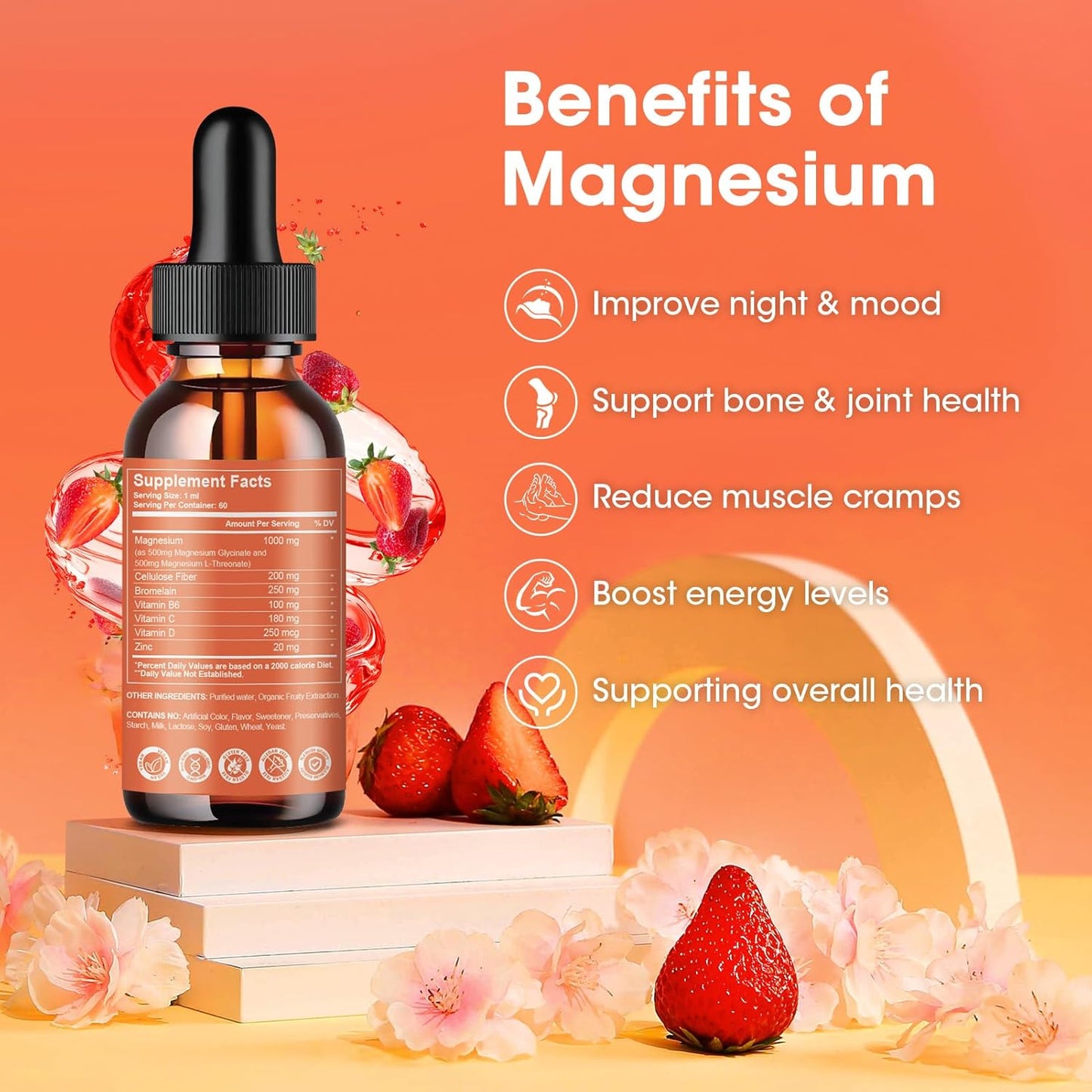 High Absorption Magnesium Glycinate Liquid Drops with Bromelain, Vitamin B6, C, D for Night, Muscle & Energy Support - 1000mg Liquid Magnesium Supplement for Men and Women