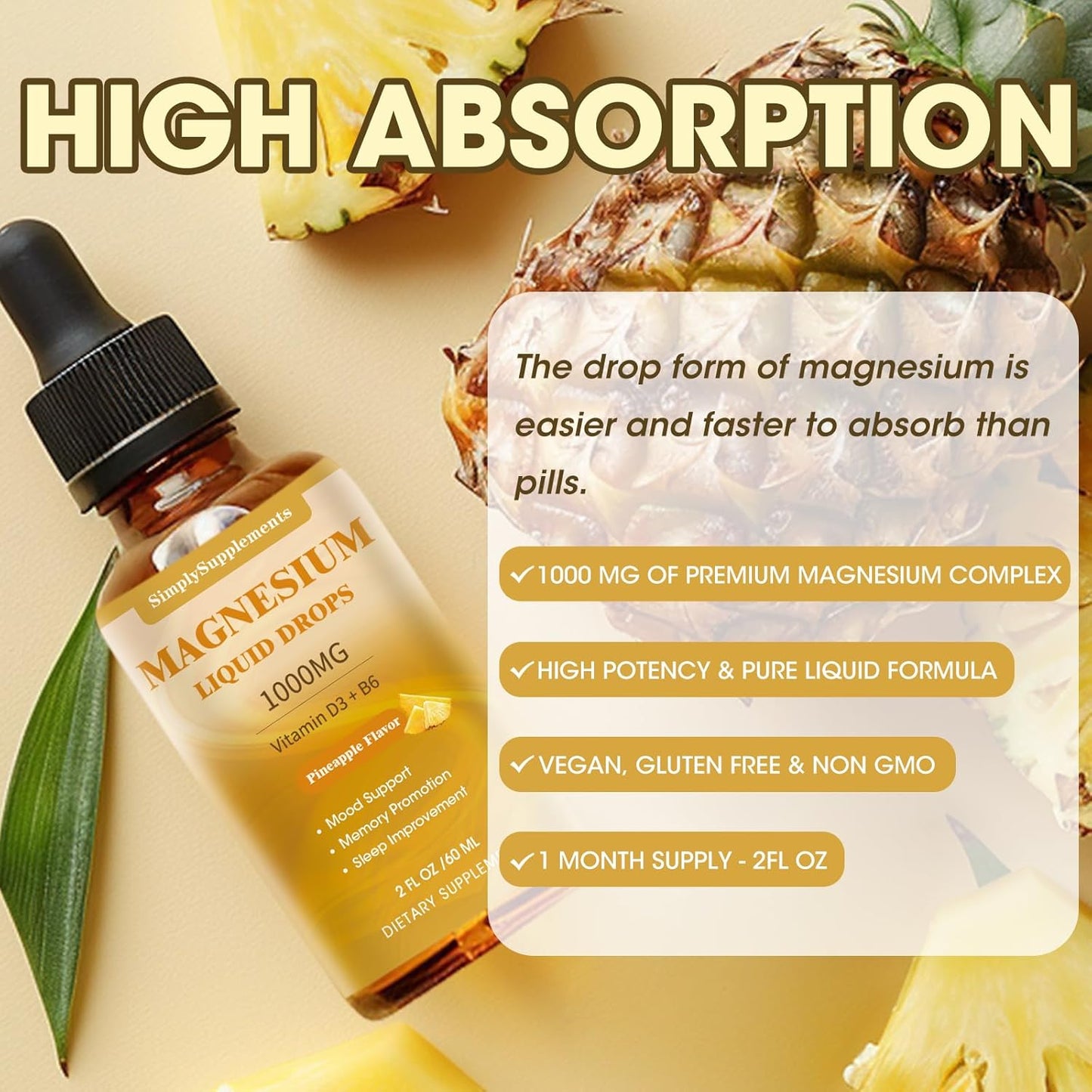 High Absorption Magnesium Glycinate Liquid Drops with Citrate, Taurate, L-Theanine, Vitamin D3 & B6 for Sleep and Calm - Pineapple Flavor - 2 Fl Oz